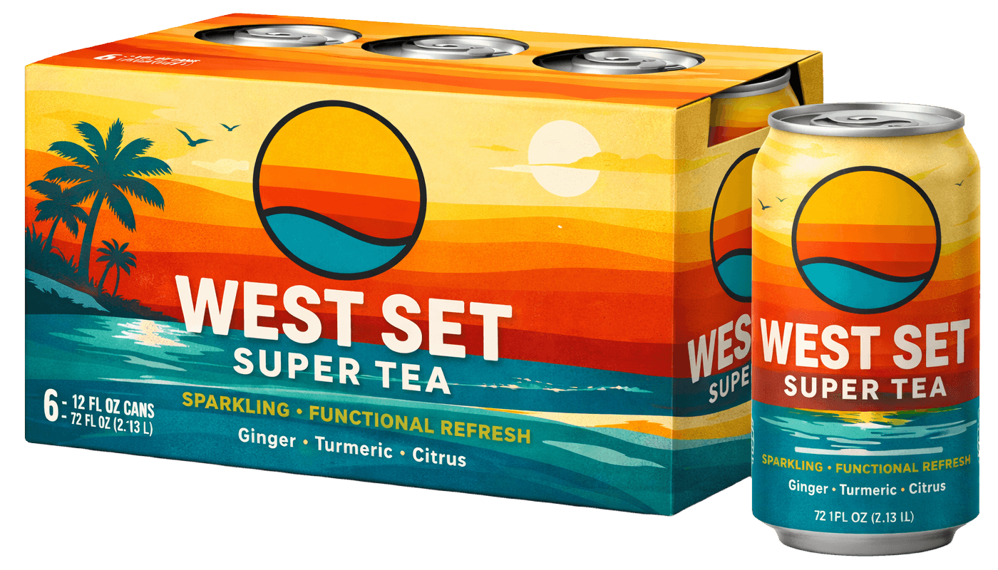 West Set Super Tea six-pack and can